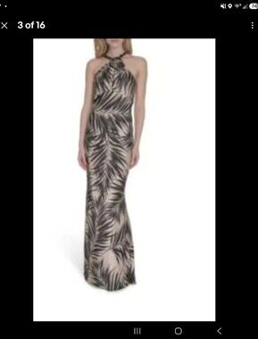 Vince Camuto Beige and Black Palm-Print Halter Maxi Dress